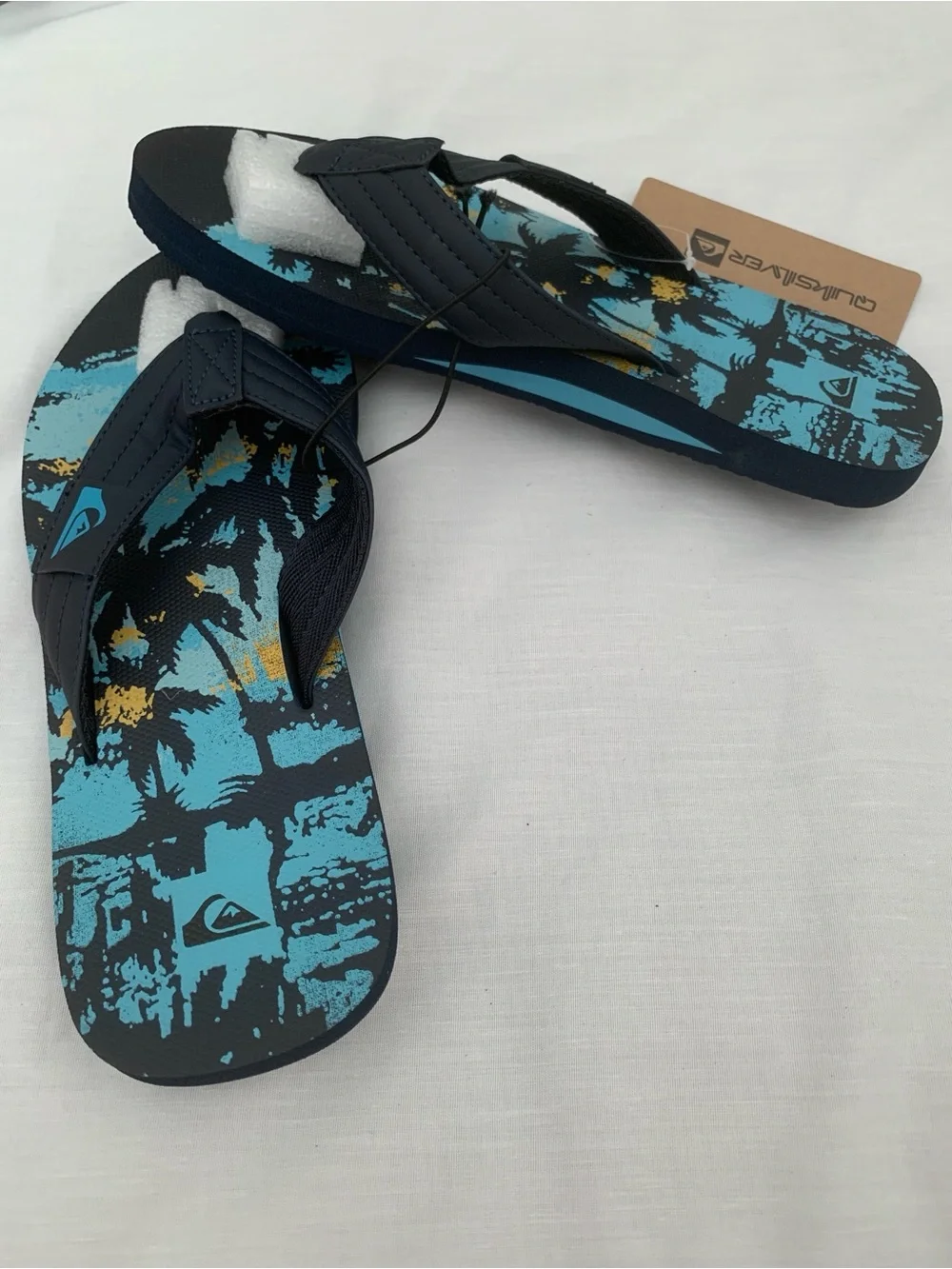 Quiksilver Foundation Men's Flip Flop Sandals Size 9 Blue Palm Tree Graphic NWT